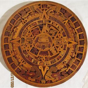 Aztec Mayan inlaid mosaic wood calendar Adrian Jurado signed paperwork gallery